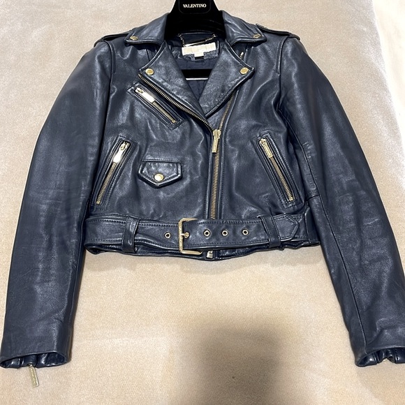 MICHAEL BY MICHAEL KORS MOTO MIDNIGHT BLUE BLACK LEATHER JACKET & GOLD HARDWARE - Picture 7 of 11